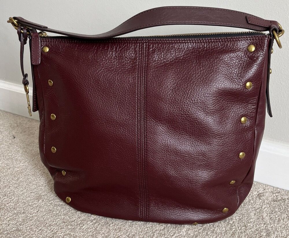 Fossil Winslet Hobo Leather Bag Burgundy Studded Shoulder Key Charm Edgy Slouchy